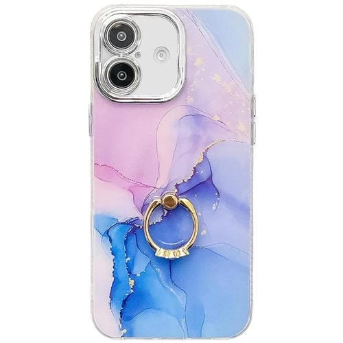 Funda para Teléfono iPhone 16 con Soporte de Anillo Textura Mármol Galvanizado (Púrpura, Azul)