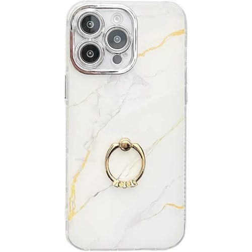 Funda para Teléfono iPhone 15 Pro Max Soporte de Anillo Textura Mármol Galvanizado (Dorado y Blanco S1)