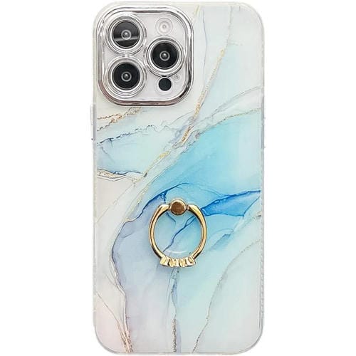Funda para Teléfono iPhone 15 Pro Max Soporte de Anillo Textura Mármol Galvanizado (Azul Claro)