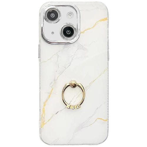 Funda para Teléfono iPhone 14 Soporte de Anillo Textura Mármol Galvanizado (Dorado y Blanco)