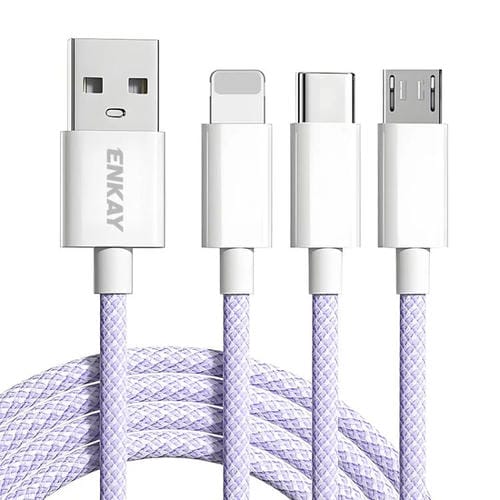 Cable de Datos y Carga USB a Micro USB/Tipo C/8 Pines Enkay CB173 3 en 1 60 W (Morado)