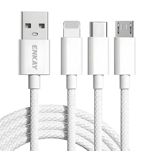 Cable De Datos Usb Enkay CB173 3 En 1 Micro Usb 8 Pines Tipo C 60 W 2 M (Blanco)