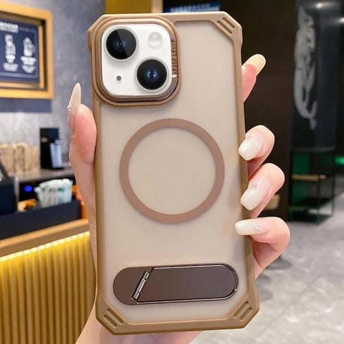 Funda para teléfono PC Magsafe sin marco con tacto de piel y soporte plegable para iPhone 14 (Dorado del Desierto)