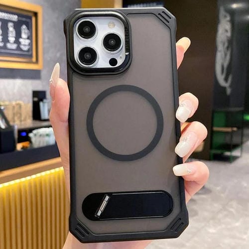 Funda para Teléfono PC Magsafe con Tacto de Piel y Soporte Plegable para iPhone 16 Pro (Negro)