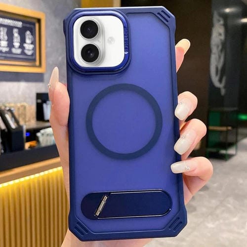 Funda para Teléfono PC Magsafe sin Marco con Tacto de Piel y Soporte Plegable para iPhone 16 Plus (Azul)