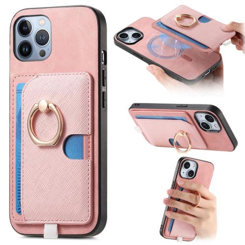 Funda para iPhone 11 Pro Max con Ranuras para Tarjetas Diseño Retro Cruz y Anillo Lateral (Rosa)
