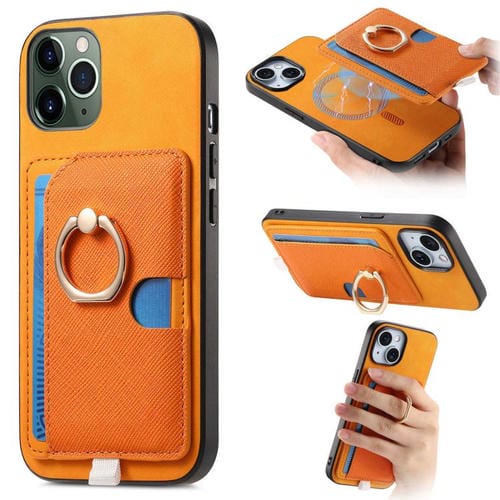 Funda para iPhone 11 Pro Cuero Diseño Retro Cruzado Ranuras Tarjetas Anillo (Amarillo)