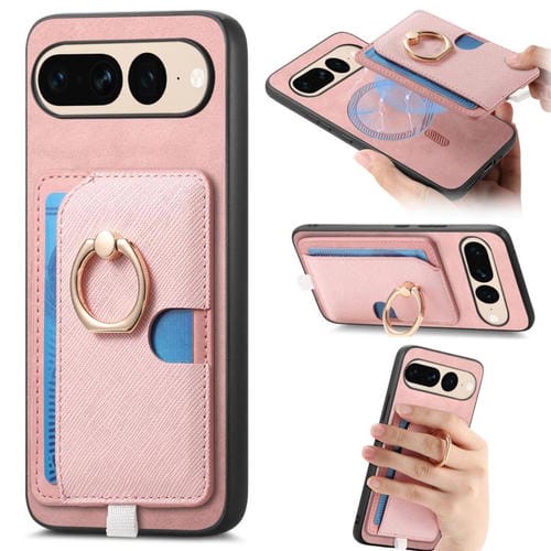 Funda para Google Pixel 7 Pro con Ranuras para Tarjetas y Anillo Lateral Diseño Retro Cruz (Rosa)