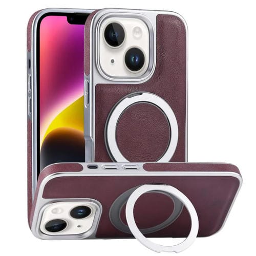 Funda para Teléfono con Soporte Magsafe Giratorio de Cuero Granulado para iPhone 14 (Rojo Oscuro)