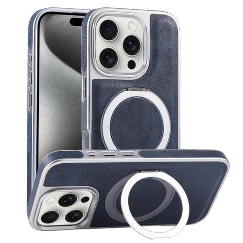 Funda para Teléfono con Soporte Magsafe Giratorio de Cuero Granulado para iPhone 15 Pro (Azul)