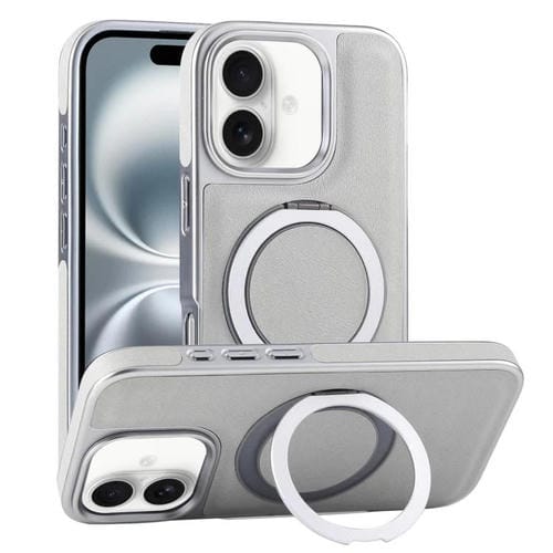 Funda para Teléfono con Soporte Magsafe Giratorio de Cuero Granulado para iPhone 16 Plus (Verde Grisáceo)