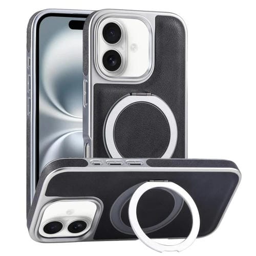 Funda para Teléfono con Soporte Magsafe Giratorio de Cuero Granulado Chapado para iPhone 16 Plus (Negro)