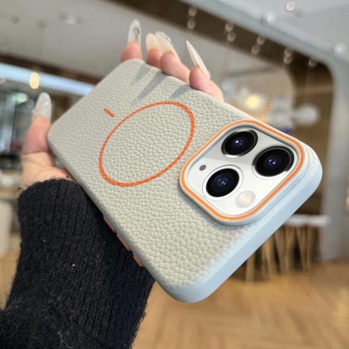 Funda TPU con Diseño Grano de Lichi y Anillo Naranja Magsafe para iPhone 11 Pro (Gris)