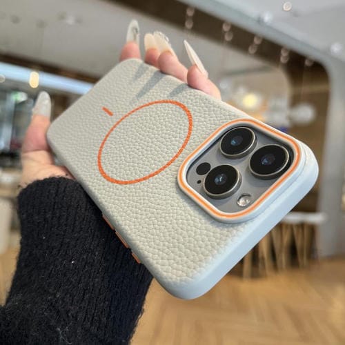 Funda TPU diseño Grano de Lichi con Anillo Naranja Magsafe para iPhone 16 Pro Max (Gris)