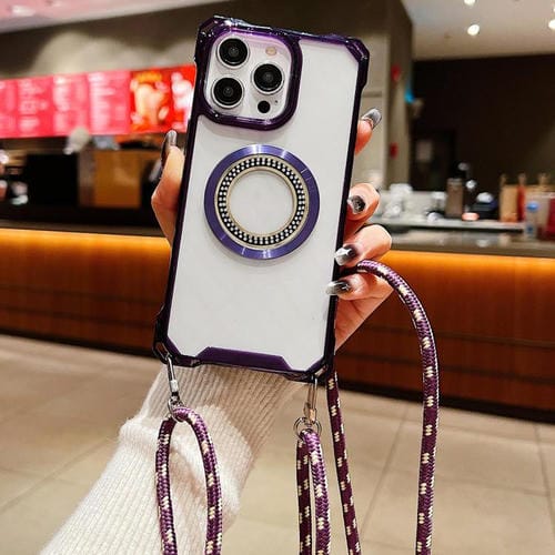 Funda para Teléfono TPU iPhone 16 Pro Max Traveler Crossbody con Cuatro Esquinas y Cordón (Morado)
