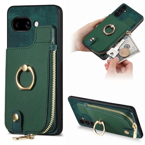 Funda para Teléfono Google Pixel 9A con Cremallera Vertical y Anillo de Cuero Cruzado (Verde)