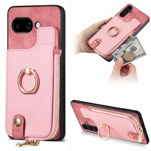 Funda para Teléfono Google Pixel 9A con Cremallera Vertical y Anillo de Cuero Cruzado (Rosa)
