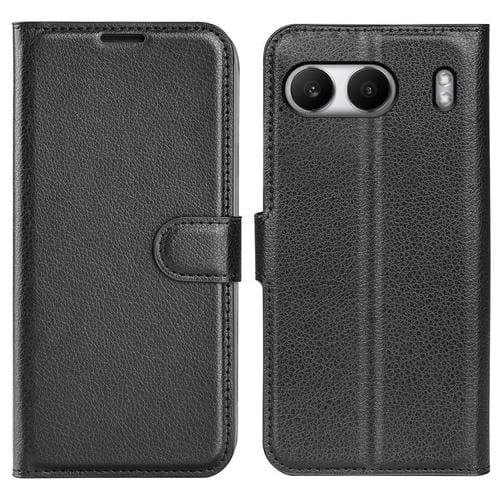 Funda de Cuero OnePlus Nord 4 con Tapa Horizontal Textura de Lichi y Soporte (Negro)