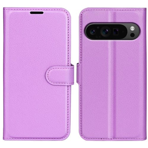 Funda de Cuero con Tapa Horizontal y Textura de Lichi para Google Pixel 9 Pro XL con Soporte (Morado)