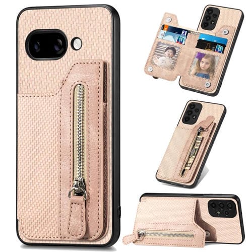 Funda Tipo Cartera con Cremallera y Tapa Fibra de Carbono para Google Pixel 9A (Caqui)