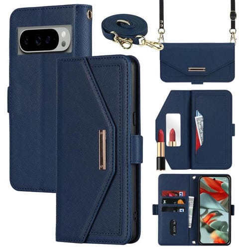 Funda de Cuero con Textura Cruzada y Cordón para Google Pixel 9/9 Pro (Azul)