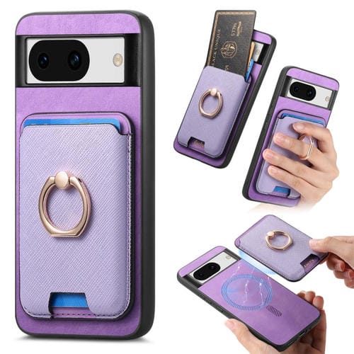 Funda para Google Pixel 8A con Ranuras para Tarjetas y Anillo de Cuero (Morado)