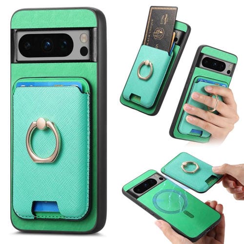Funda para Google Pixel 8 Pro con Ranuras para Tarjetas y Anillo de Cuero (Verde)
