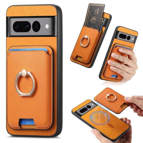 Funda para Google Pixel 7 Pro con Anillo de Cuero Retro y Ranuras para Tarjetas (Amarilla)