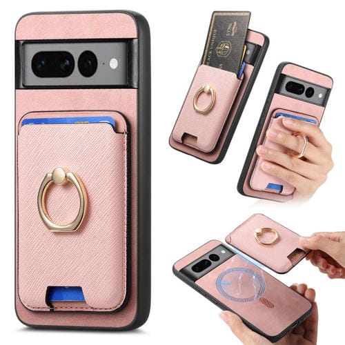 Funda para Google Pixel 7 Pro con Ranuras para Tarjetas y Anillo de Cuero (Rosa)