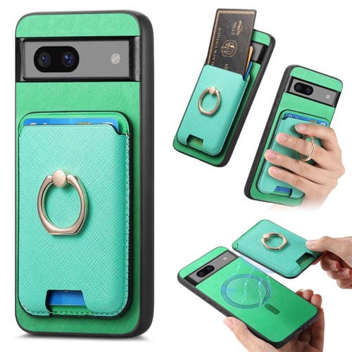 Funda de Cuero con Anillo Cruzado Retro para Google Pixel 7 con Ranuras para Tarjetas (Verde)