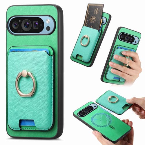 Funda para Google Pixel 9/9 Pro con Anillo de Cuero Retro, Inserto Tarjetas, Magsafe (Verde)