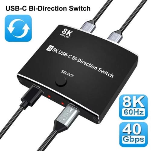 Conmutador Bidireccional Tipo C U8K1 con Carga Rápida 100 W, USB C 40 Gbps y Salida de Video 8K