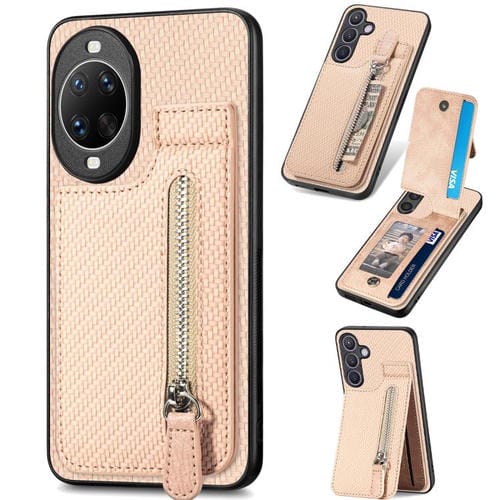 Funda de fibra de carbono con tapa vertical y cremallera para Huawei Nova 14 Pro (caqui)