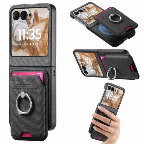 Funda de tela sarga con anillo magnético para Motorola Moto Razr 50/60 (negra)