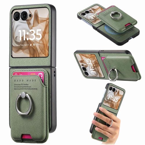 Funda magnética de tela sarga con anillo para Motorola Moto Razr 50/60 (verde)
