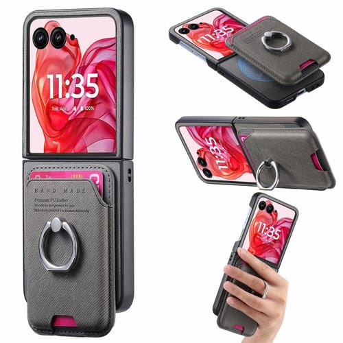 Funda magnética para Motorola Moto Razr 50 Ultra, de tela sarga, con anillo para tarjetas (gris)