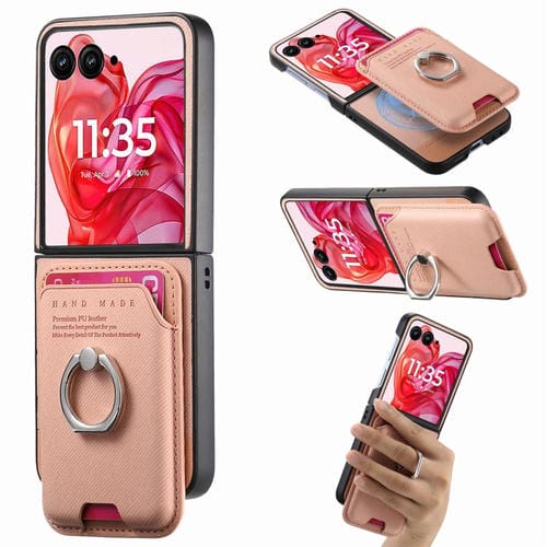 Funda magnética para Motorola Moto Razr 50 Ultra, de tela sarga, con anillo para tarjetas (rosa)