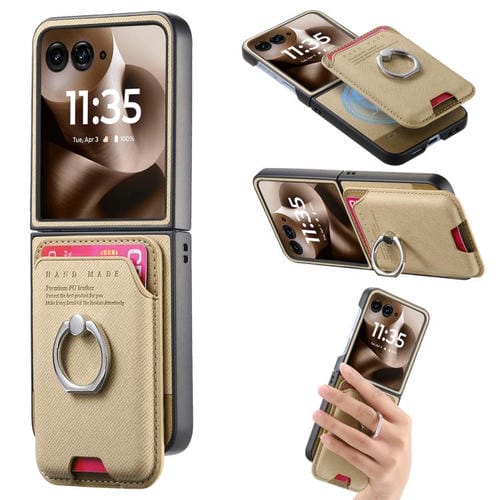 Funda magnética para Motorola Moto Razr 60 Ultra, de tela sarga, con anillo para tarjetas (caqui)