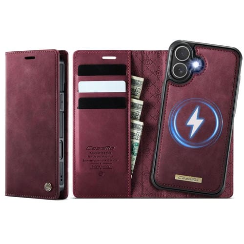Funda de cuero desmontable CaseMe C49 con bloqueo RFID MagSafe para iPhone 16 (roja)