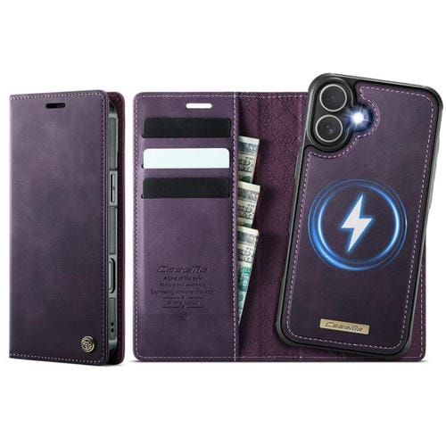 Funda de cuero desmontable CaseMe C49 con bloqueo RFID MagSafe para iPhone 16 (morado)
