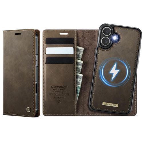 Funda de cuero desmontable CaseMe C49 con bloqueo RFID MagSafe para iPhone 16 Plus (café)