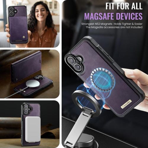 Funda de cuero desmontable CaseMe C49 para iPhone 16 Plus con bloqueo RFID MagSafe (morado)