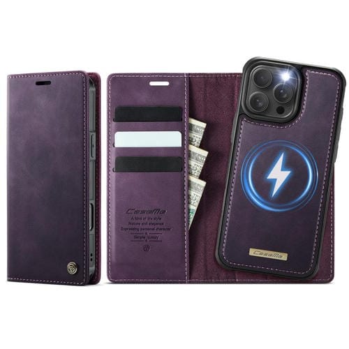 Funda de cuero desmontable CaseMe C49 para iPhone 16 Pro, con bloqueo RFID y MagSafe (morado)