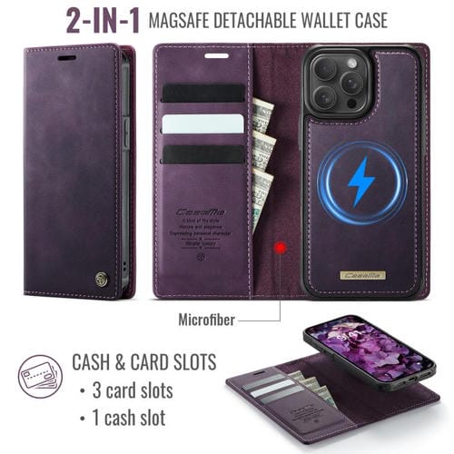 Funda de cuero desmontable CaseMe C49 con bloqueo RFID MagSafe para iPhone 15 Pro Max (morado)
