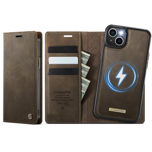 Funda de cuero desmontable CaseMe C49 con bloqueo RFID MagSafe para iPhone 14 (café)