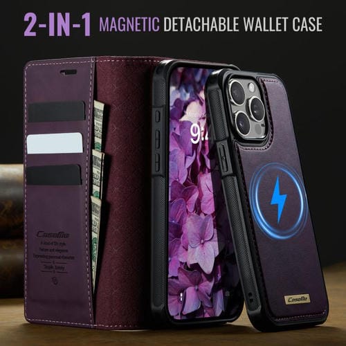 Funda de cuero desmontable CaseMe C49 con bloqueo RFID MagSafe para iPhone 14 Pro Max (morado)