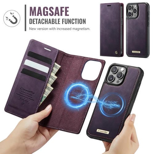 Funda de cuero desmontable CaseMe C49 con bloqueo RFID MagSafe para iPhone 14 Pro Max (morado)