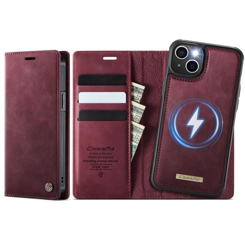 Funda de cuero desmontable CaseMe C49 con bloqueo RFID MagSafe para iPhone 13 (roja)