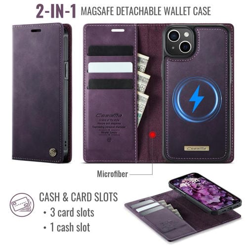 Funda de cuero desmontable CaseMe C49 con bloqueo RFID MagSafe para iPhone 13 (morado)
