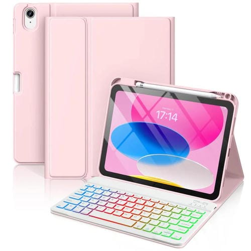 Funda de silicona y cuero con teclado Bluetooth para iPad Air 2022/2020 de 10,9 pulgadas con ranura para bolígrafo (rosa cereza)